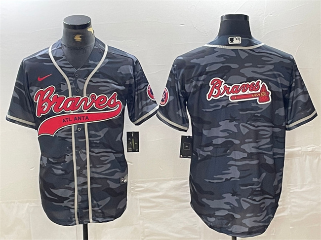 Men's Atlanta Braves Gray Camo Team Big Logo Cool Base With Patch Stitched Baseball Jersey